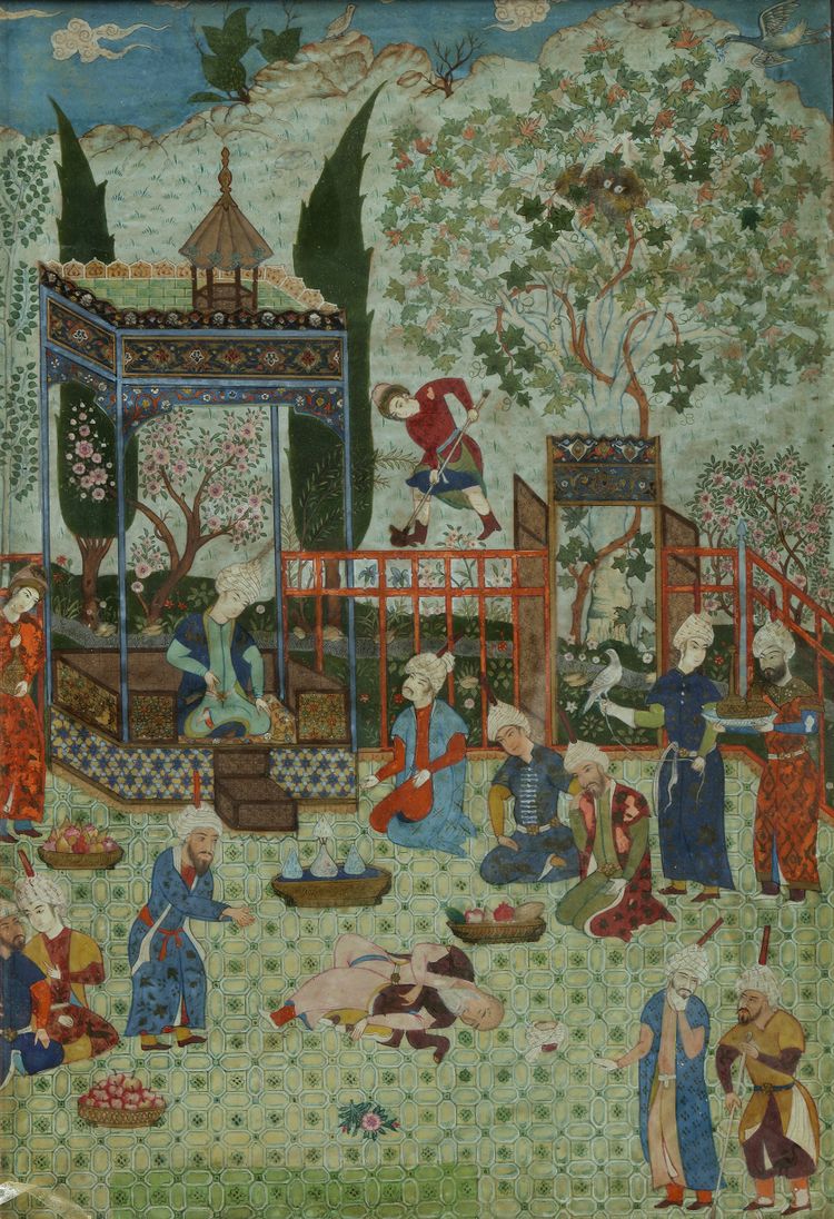 A Persian miniature; poisoned man dying during a banquet