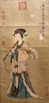 A Chinese hand scroll depicting a lady playing the flute