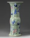 A Chinese celadon-ground blue and white and copper-red-decorated gu vase