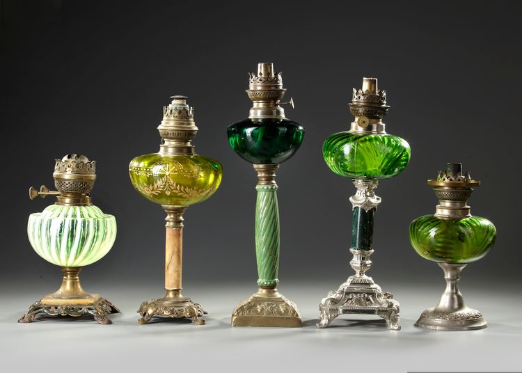 A GROUP OF FIVE FRENCH OIL LAMPS, CIRCA 1880