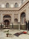A painting depicting a patio in the Alcazar, Sevilla
