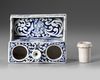 BLUE AND WHITE DELFT INKWELL AND DESK STAND, DATED 1715