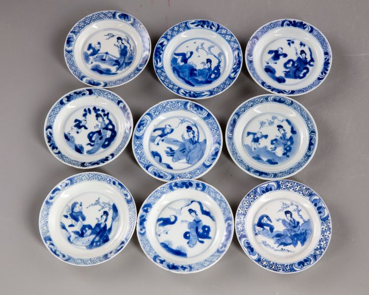 Nine small Chinese blue and white saucers