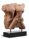 A CONJOINED PINK SANDSTONE CARVING OF A COUPLE, KHMER-ANGKOR PERIOD, 10TH CENTURY OR LATER