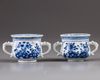 Two miniature Chinese blue and white twin-handled censers