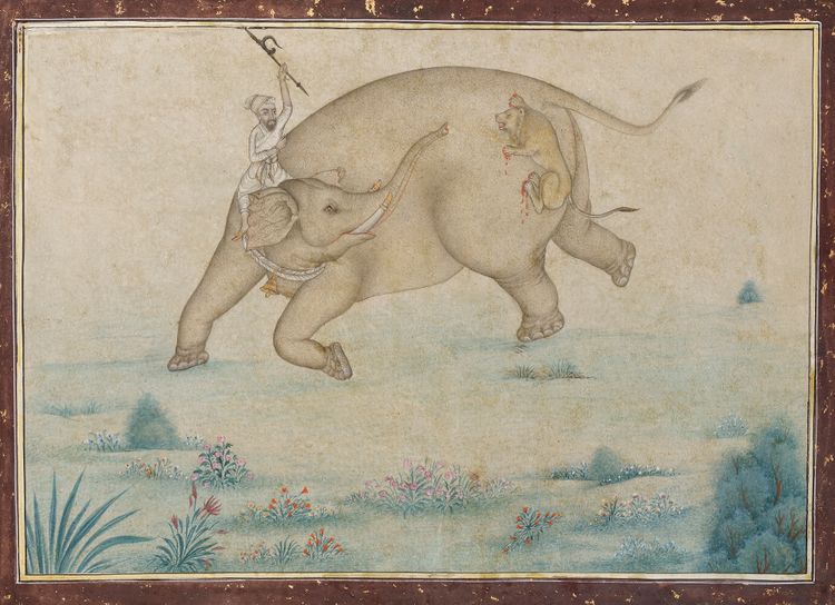 AN ALBUM PAGE OF ELEPHANT WITH MAHOUT ATTACKED BY LION, INDIA, 19TH CENTURY