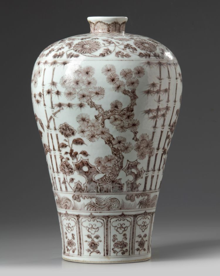 A Chinese underglaze copper red decorated 'Three Friends of Winter' meiping