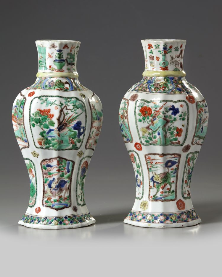 A pair of Chinese moulded famille verte vases