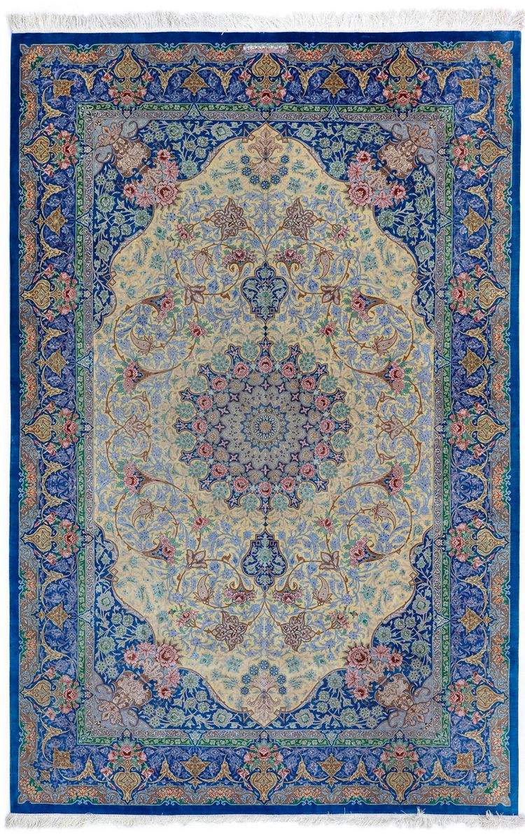 A VERY FINE QOM SILK CARPET, SIGNED