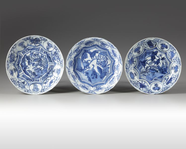 Three Chinese blue and white dishes