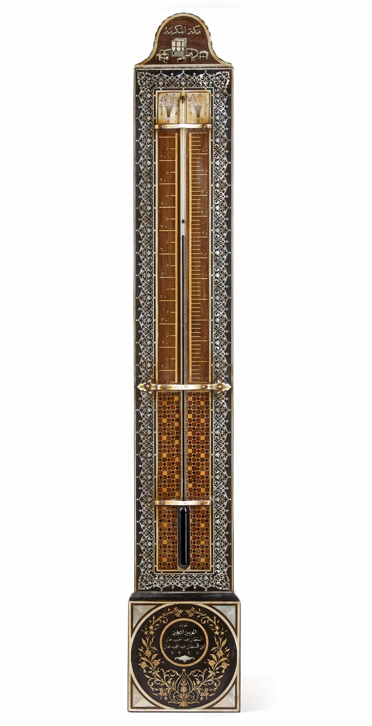 AN OTTOMAN WOODEN MOTHER-OF-PEARL AND IVORY INLAID BAROMETER,1297 AH/1879 - 1880 AD