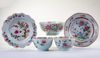 THREE CHINESE FAMILLE ROSE BOWLS AND TWO DISHES