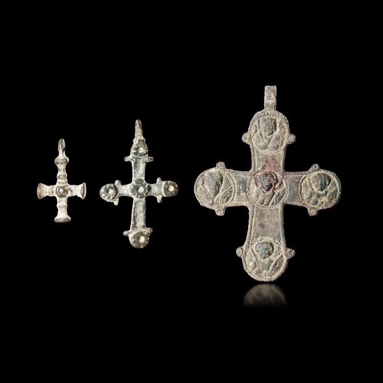THREE BYZANTINE BRONZE PECTORAL CROSSES, 6TH-8TH CENTURY AD