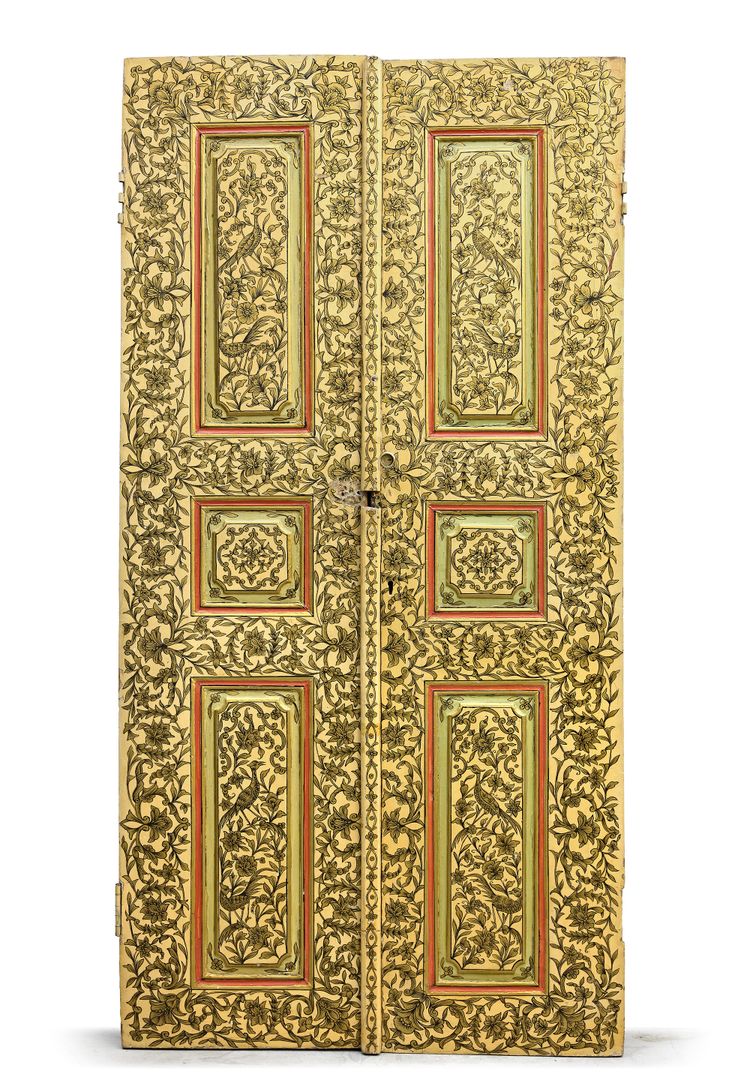 A PAIR OF QAJAR LACQUER PAINTED DOORS, PERSIA, 19TH CENTURY