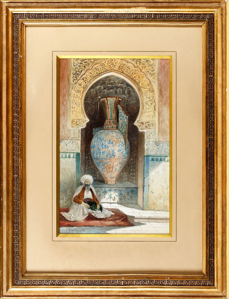 A PAINTING OF A SEATED HOLY MAN BEFORE A GIANT MOORISH STYLE VASE IN A NICHE, 1880