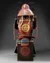 A full size red armor 'yoroi' with original bamboo woven box