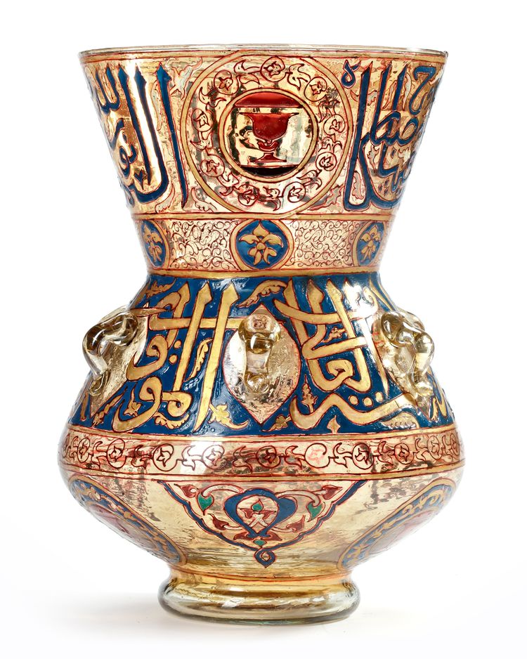 A LARGE ISLAMIC GILT AND ENAMELED GLASS MOSQUE LAMP, 19TH CENTURY