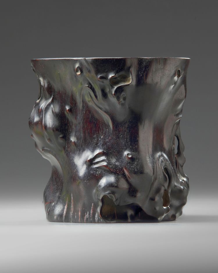 A Chinese hardwood 'tree trunk' brush pot, bitong