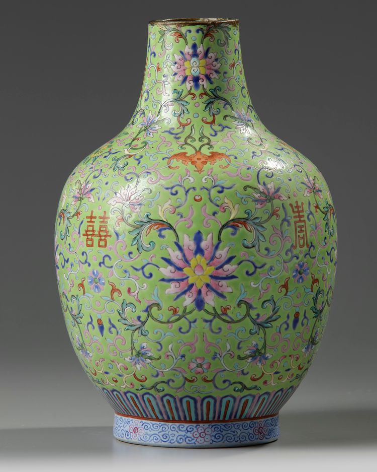 A rare Chinese lime-green ground famille rose vase