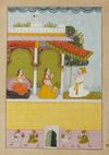 AN INDIAN MINIATURE PAINTING OF COURTLY LADIES RECEIVING A MALE COURTIER ON A TERRACE