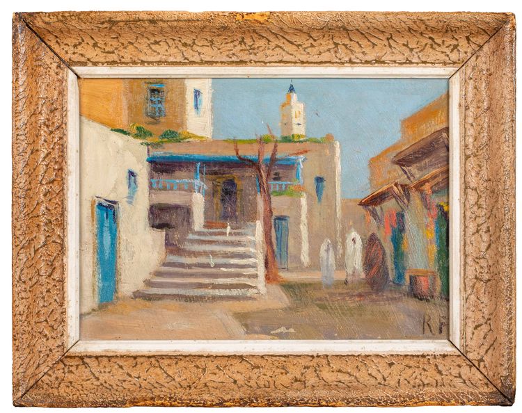 AN OIL PAINTING ON PANEL, DEPICTING THE CAFE OF SIDI BOUSAID IN TUNESIA, 20TH CENTURY