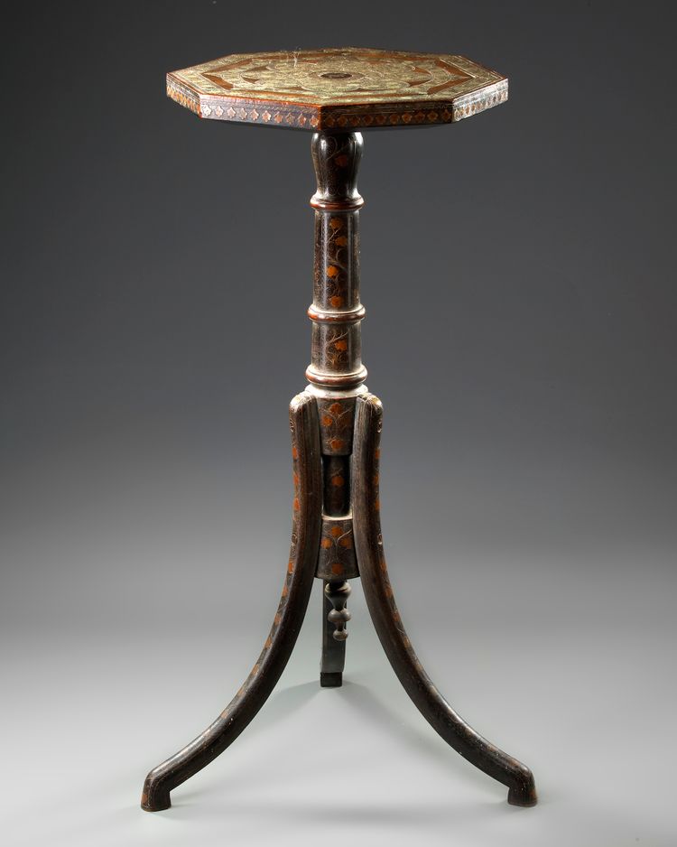 AN OTTOMAN SILVER WIRE-INLAID WOODEN COFFEE TABLE