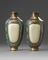 A pair of Chinese white-jade inset cloisonné enamel wall vases