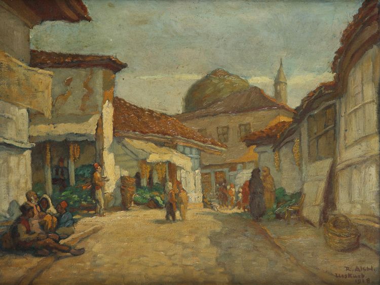 A painting depicting a street scene in Istanbul