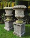 A HUGE PAIR CARVED LIMESTONE GARDEN URNS IN 18TH CENTURY STYLE, 20TH CENTURY