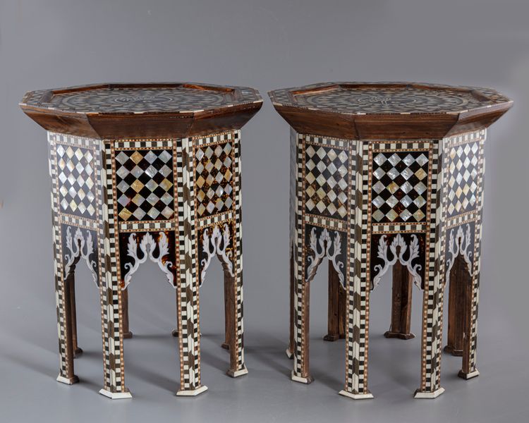 Two wooden mother of pearl inlaid tables