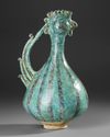 A KASHAN TURQUOISE GLAZED COCKEREL-HEAD POTTERY EWER, PERSIA, 13TH CENTURY