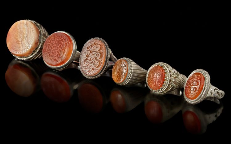 SIX AGATE SEAL SILVER RINGS