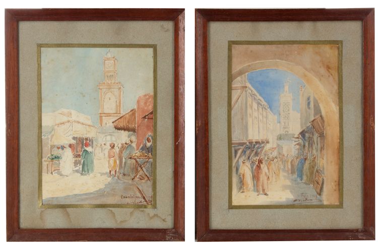 ORIENTALIST SCHOOL, FIGURES IN THE STREETS IN CASABLANCA AND FEZ, WATERCOLORS ON PAPER, 20TH CENTURY