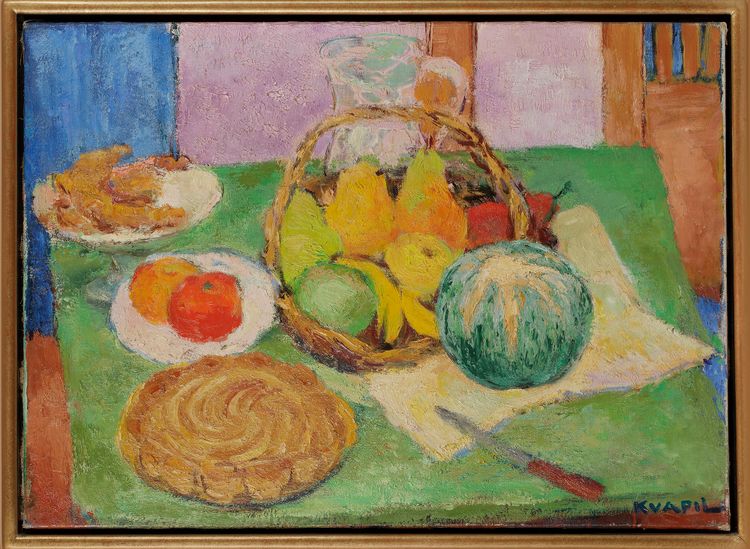 CHARLES KVAPIL (1884-1958), STILL LIFE WITH FRUIT AND CAKE ON A TABLE, OIL ON CANVAS