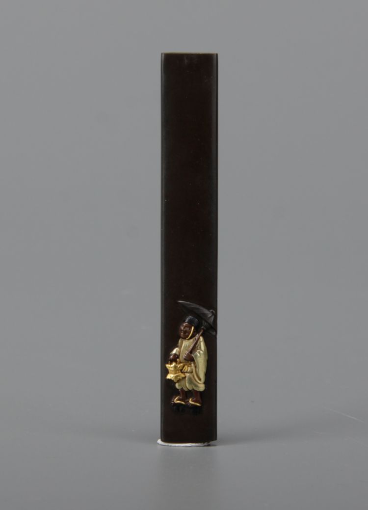 Shibuichi takabori kozuka with temple servant