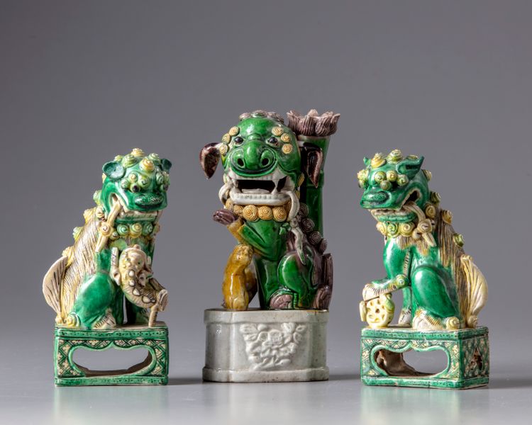 Three Chinese sancai Buddhist lions