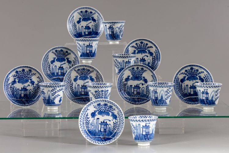 Eight Chinese blue and white cups and saucers
