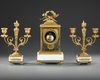 A GILT BRONZE AND MARBLE FIREPLACE SET, LOUIS XVI STYLE, 19TH CENTURY