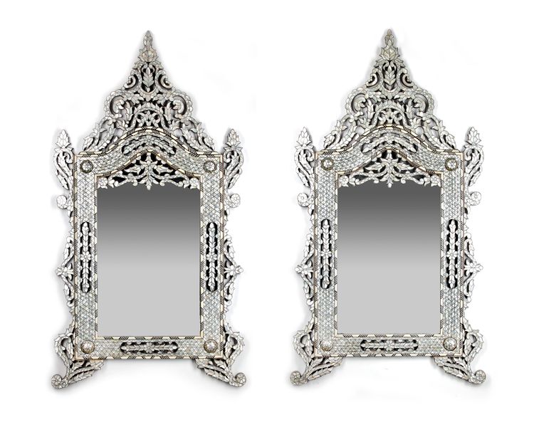 A PAIR OF TURKISH MOTHER OF PEARL AND BONE INLAID MIRRORS, EARLY 20TH CENTURY