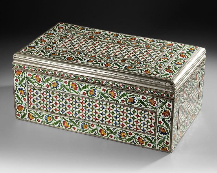 A LARGE ENAMEL AND METAL-DECORATED WOODEN WRITING BOX INDIA, JAIPUR, 19TH-20TH CENTURY