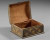 AN INDO-PERSIAN METAL CASKET WITH GILT FLORAL DECORATION AND AGATE CABOCHON, 20TH CENTURY