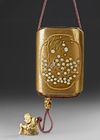 A JAPANESE SHIBAYAMA INLAY INRO WITH NETSUKE IN WOODEN BOX, MEIJI PERIOD (1868-1912)