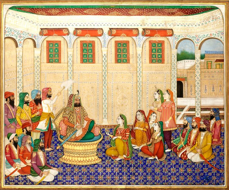 MAHARAJA SHER SINGH IN DURBAR (B. 1807-D.1843), ENTHRONED WITH ATTENDANTS, ATTRIBUTED TO BISHEN SINGH, LAHORE OR AMRITSAR, 19TH CENTURY