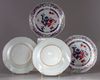 FOUR CHINESE FAMILLE ROSE DECORATED BLUE AND WHITE DISHES, 18TH CENTURY