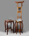 A Chinese hardwood mirror washstand with a blue and white basin, a hardwood stand, and two cloisonné enamel