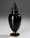 BLACK GLASS VASE WITH LID, PAINTED WITH GOLDEN PHEASANT AND FLORAL DESIGN, 19TH CENTURY