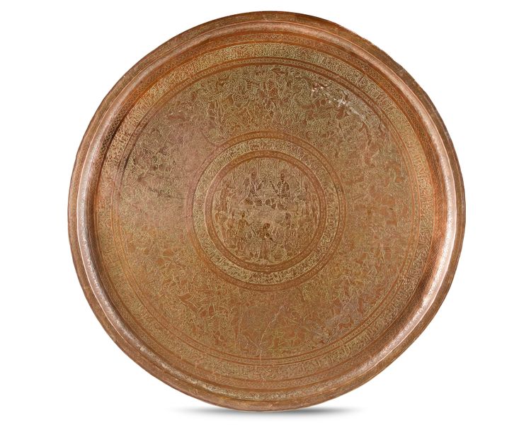 A RED COPPER ENGRAVED TRAY, MADE BY TAGHI PASHOOTAN, PERSIA, LATE 19TH CENTURY