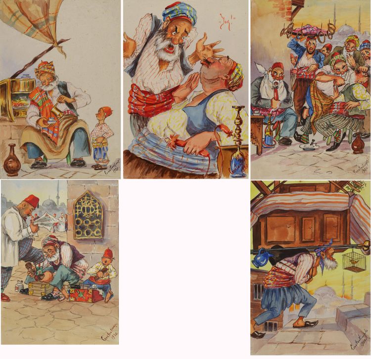 A lot of five anonymous cartoon drawings