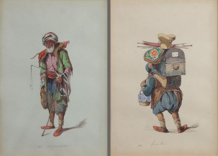 Lot of three watercolours representing various figures with English annotations: COUNT AMADEO PREZIOSI (MALTESE 1816-1882)
