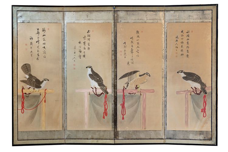 A Japanese four-panel Byobu screen depicting hawks